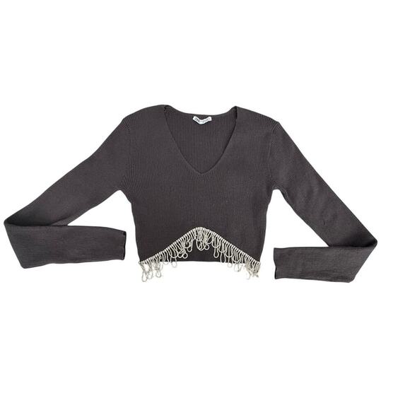 ZARA Gray Ribbed Knit Cropped Sweater w/ Pearl Rhinestone Fringe Hem - Size M - Picture 5 of 12